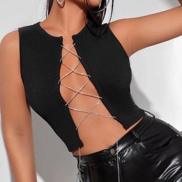 SHEIN black rhinestone lace up top - Picture 1 of 4